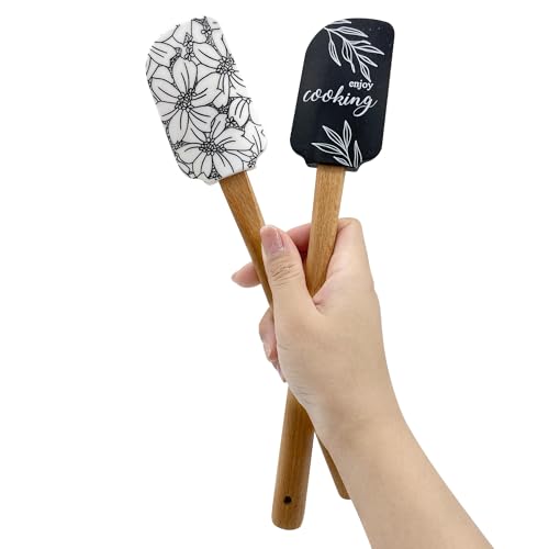 Silicone Spatula Set – 2-Piece Wooden Handle Spatulas for Baking, Cooking & Mixing – Non-Stick Kitchen Utensil Set(blackwhite） - color: BLACK WHITE