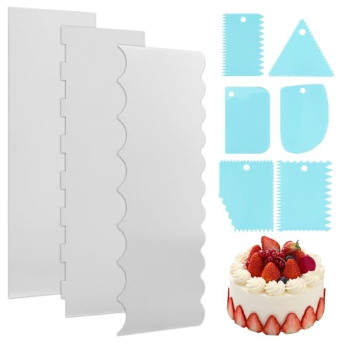 9 Pcs 8.6-inch Stainless Steel Cake Scraper, 3 Styles Double Sided Patterned Edge Cake Decorating Supplies Spatula with 6 Patterned Spatulas, for Butter Cream Mousse
