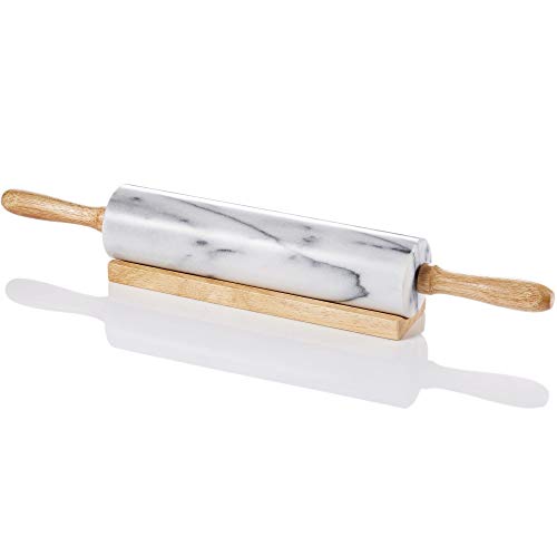 JEmarble Rolling Pin-Wooden Handles(White)(Premium Quality) Polished Surface 18-inch(10"Barrel) Genuine Stone Non-stick Save Effort Easy to Clean - color: Wooden Handle(White)