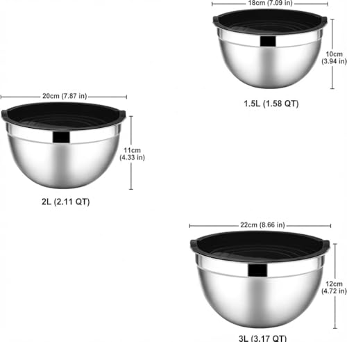 TEEM Stainless Steel 304 Mixing Bowls with Lids, Set of 3 Large Medium Small 1.5L 2L 3L (1.6QT 2.1QT 3.2QT) Food-Grade Metal Nesting Salad Bowls - Rust-Resistant, Dishwasher Freezer Safe