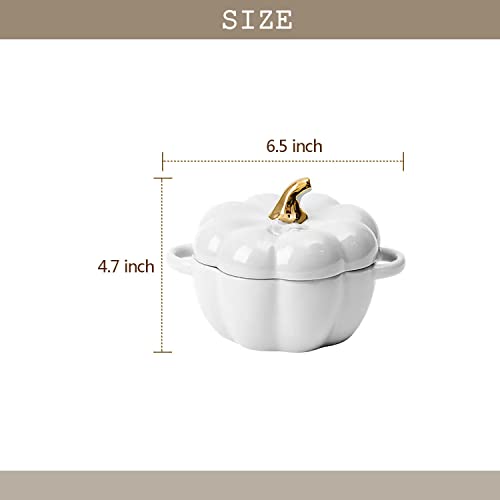 Pumpkin Bowl Set with Lid and Handle, Set of 2 Ceramic Ramekins for Baking, Casserole Dish Individual Severing Pot, Stoneware, Oven Safe, 14 Oz (White) - color: White