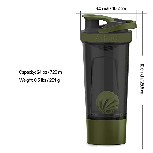 Artoid Sports Protein Shaker Bottle, 24-Ounce, Dual Mixing Technology, BPA Free, Black/Moss Green - color: Black/Moss Green