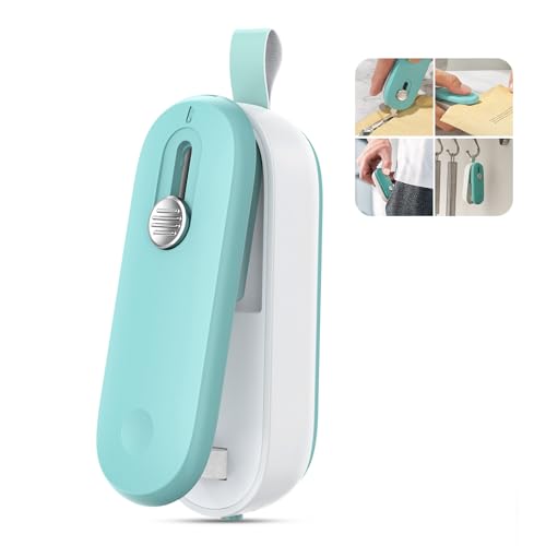 ODSD 2 in 1 Mini Bag Sealer - Heat Seal and Cutter with Lanyard, Portable Handheld Chip Bag Sealer for Snacks, Candies, Plastic Food Storage (Batteries Included) - color: Green/White