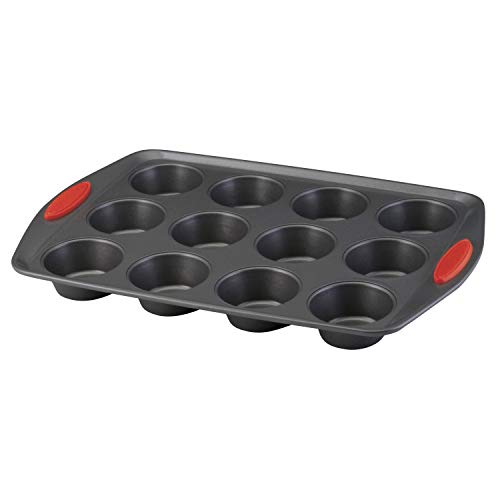 Rachael Ray Yum-o! Nonstick Bakeware 12-Cup Muffin & Cupcake Tin With Grips - Gray with Red Grips - color: Red Grips, size: 12 Cup