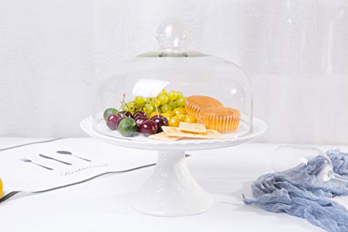 Jusalpha 12 Inches White Porcelain Cake Stand-Cupcake Stand with Glass Dome
