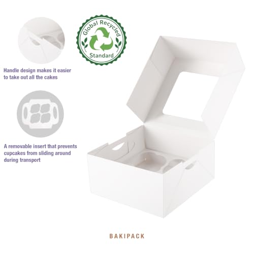 25 White Cupcake Boxes, 4 Count Cupcake Containers with Window and Inserts, 6.3×6.3×3 Inches Cupcake Holders for Cupcakes, Muffins, Cookies, Desserts, Pastries