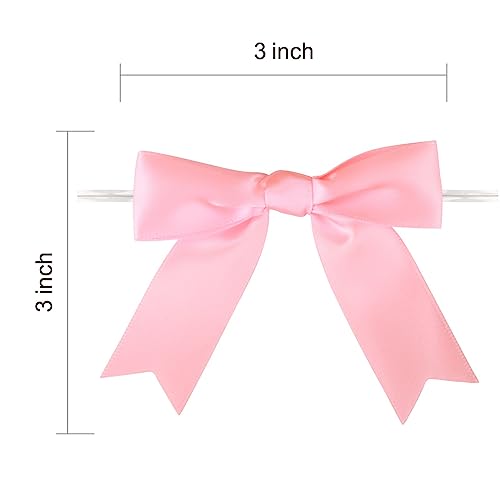 Meseey 50 Pcs 3 Inches Twist Tie Satin Ribbon Bows Pink Pretied Premade Craft Bows for Treat Bags Gift Wrapping Basket Wedding Baby Shower Brithday Christmas Party (3", Pink) - color: Pink