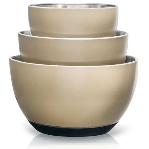 WHYSKO Stainless Steel Mixing Bowls Set, 3-Piece with Silicone Base - color: Tan
