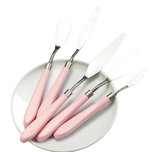 Palette Knife Set 5PCS Pink Handle Stainless Steel for Acrylic Oil Painting - color: Pink