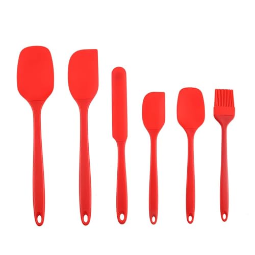 6-Pcs Rubber Spatula Set, Silicone Bowl Scraper & Flat Baking Spatula Spoon for Kitchen, Flexible Heat Resistant Cooking Utensils(Red)