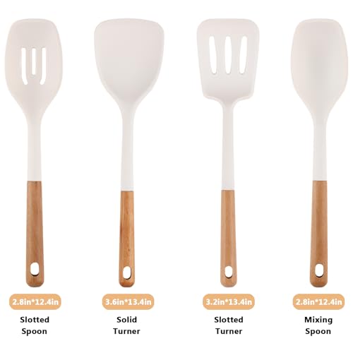 Silicone Kitchen Utensils Set of 4, Large Non-Stick Cooking Utensil Set w Wooden Handle Food Grade Heat Resistance Turner Spoon Silicone Cooking Kitchen Gadgets BPA Free for Nonstick Cookware - color: White, size: Large 4-Piece Set