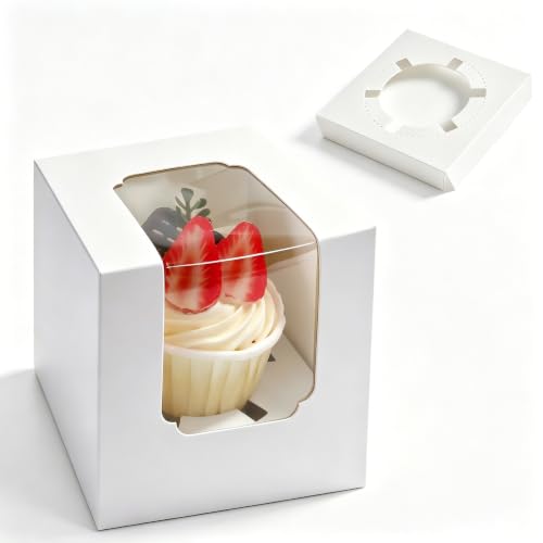 30 Pack Single Individual Cupcake Boxes with Window & Inserts, Auto Pop Up Stackable Food Grade Disposable Muffin Containers 3.5x3.5x3.5 Inch White To Go Bakery Party Favor Gift Boxes - size: 3.5x3.5x3.5 inch