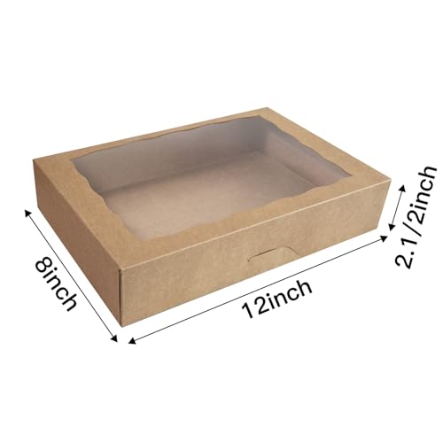 8-Pack Brown Pastry Box12x8x2.5inch,Large Bakery Cookie Box for Donuts,Muffins with Window Lid - Auto-Pop up Paper Box Doughnut Cardboard Chocolate Strawberries Treat Boxes,Pack of 8