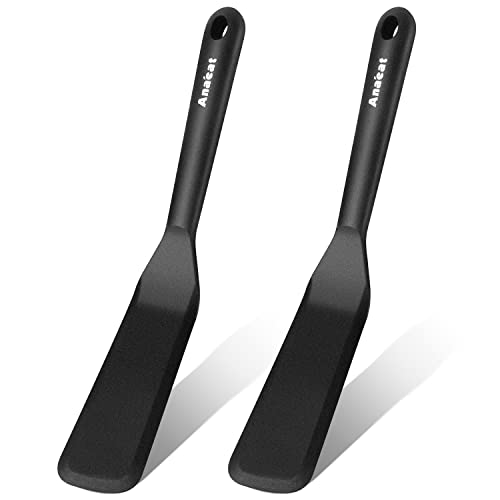 Anaeat Silicone Thin Spatula Set of 2 - Mini Brownie Serving Spatulas - Non Stick Spurtle Turner for Easy Cooking Eggs, Omelet, Pancake, Burgers, Pizza, Steak, Crepes, Heat Resistant & BPA Free - color: 2 Pcs Thin Spatulas (Black), size: Thin Spatulas