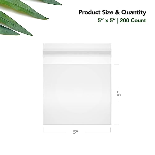 Seal Fresh 5 x 5 Inch Cellophane Bags 200 Pack — Clear Self-Sealing Resealable Treat Bags for Cookies, Candy, Pastries, Party Favors, Square Cello Packaging - size: 5" x 5"