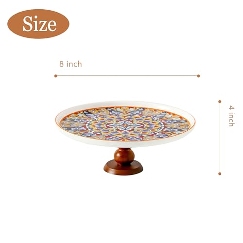8” Ceramic Cake Stand with Elegant Wood Curved Footed
