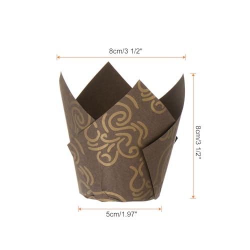 HARFINGTON 50Pcs Tulip Cupcake Liners Standard Paper Baking Cups Greaseproof Wrappers Disposable for Birthday Banquets Party, Brown with Gold Wire Pattern - color: Brown/Gold Tone