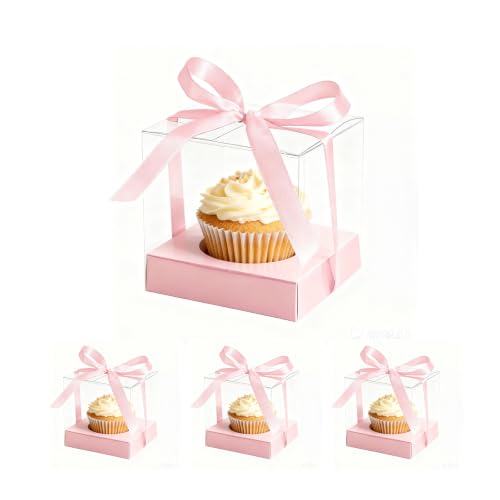 Individual Cupcake Boxes,24 Pack 3.5 Inch Clear Single Cupcake Containers,Cup Cake Carrier with Ribbon, Small Cake Holder Boxes for Wedding Party Valentine day - color: Pink, size: 24Pcs