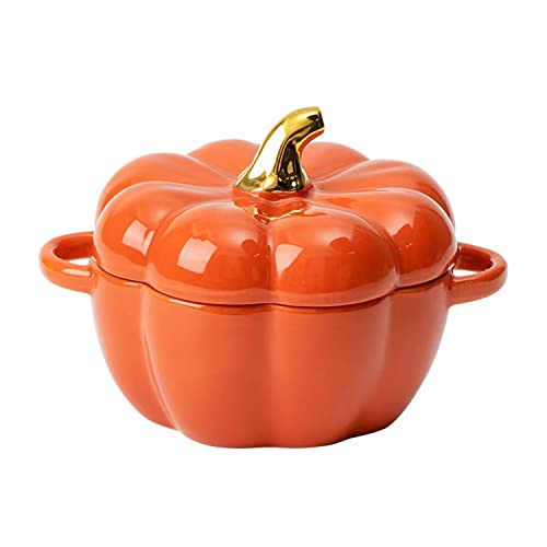 Pumpkin Bowl Set with Lid and Handle, 14 Oz Ceramic Ramekins for Baking, Casserole Dish Individual Severing Pot, Stoneware, Oven Safe (Orange) - color: Orange