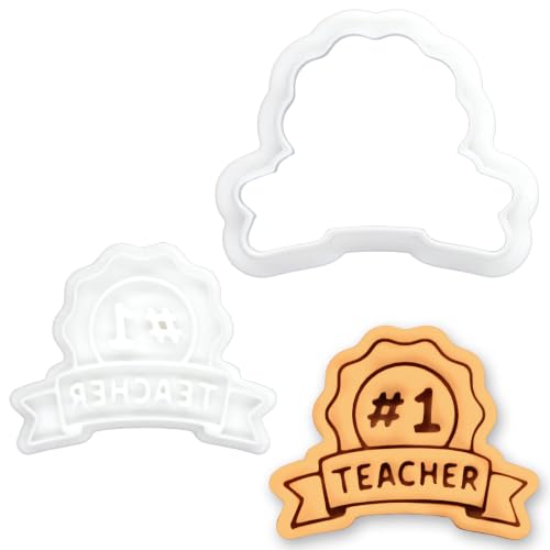 BAKERLOGY Number 1 Teacher Badge Mini Cookie Cutter & Stamp Set – Award Ribbon Fondant Embosser for Cookies, Cupcake Toppers, Biscuit Decorating, Teacher Appreciation, Thank You, School, Graduation