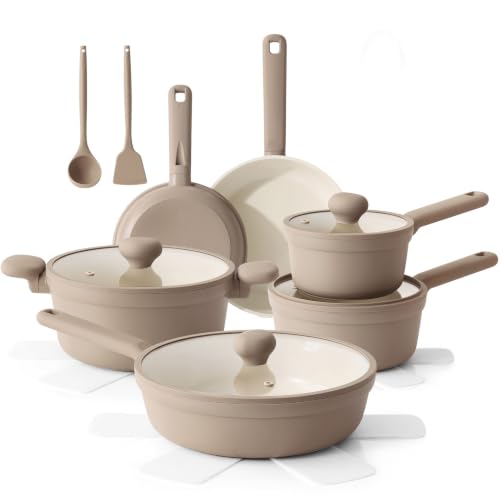 SENSARTE Ceramic Nonstick Pots and Pans Set, Nontoxic Cookware Set 17pcs - color: Almond Beige