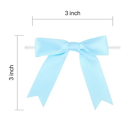 Meseey 50 Pcs 3 Inches Twist Tie Satin Ribbon Bows Baby Blue Pretied Premade Craft Bows for Treat Bags Gift Wrapping Basket Wedding Baby Shower Brithday Christmas Party (3", Baby Blue) - color: Baby Blue