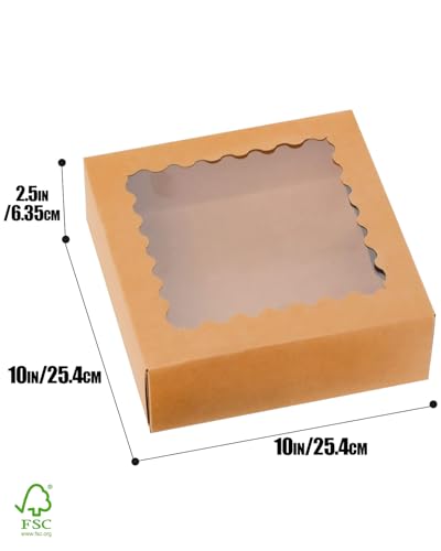 qiqee 10x10x2.5 Inch Brown Pie Boxes with Window 12Packs Cookie Donut Bakery Box (Auto-pop Up) - color: 12Packs, Brown