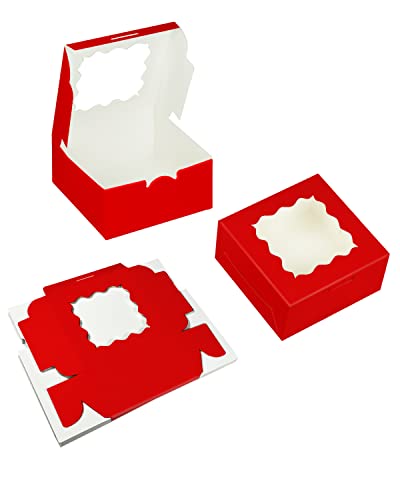 Bakepacker 60pcs Red Bakery Boxes with Window 6x6x3 inches Thick & Cookie Boxes & Sturdy Macaroon Pastry - color: Matte Red, size: 6"*6"*3" / 60 Pcs