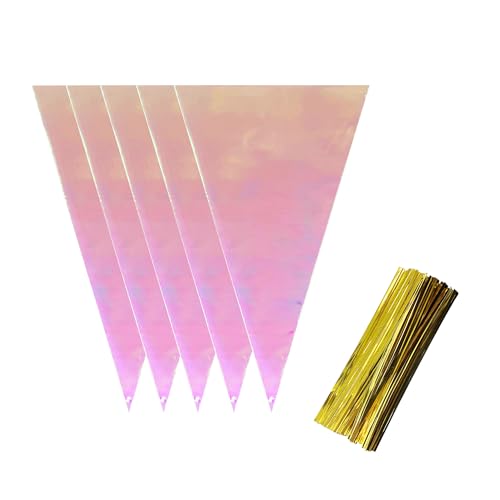MITOB 50 Pack Cone Shaped Clear Cellophane Treat Bags with Twist Ties - size: 7.3x12 inch (Cone Shaped)