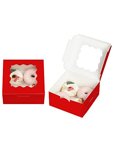 Bakepacker 60pcs Red Bakery Boxes with Window 6x6x3 inches Thick & Cookie Boxes & Sturdy Macaroon Pastry - color: Matte Red, size: 6"*6"*3" / 60 Pcs