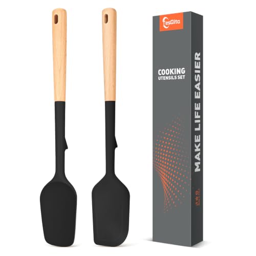 Large Silicone Rubber Spatula Scrapers 14" with Long Wood Handle, 2 Pack - color: Black
