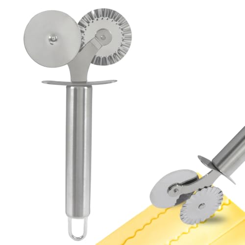 Pastry Cutter Double Wheel, Stainless Steel Pastry Wheel Cutter Tool for Pizza, Pasta, Ravioli, Cookie, Cheese Slicer - 6.5 Inch Dual-Head Baking Utensil - color: Silver