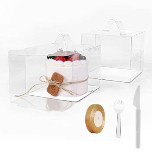 30pcs Transparent Bakery Boxes With Ribbon,Knives and Forks, Clear Cake Box, Plastic Cake Carrier with Lid and Handle Transparent Gift Favor Box Cupcake Treat Boxes for Party (Clear, 6*6*5 in-30pcs) - size: 6*6*5 in-30pcs