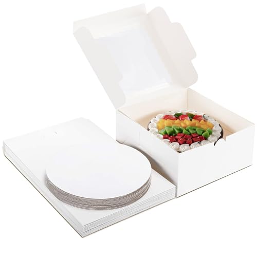 20Pack 8x8x5 Cake Boxes with Window & Cake Boards (10 Boxes + 10 Boards), White Elegant Container for Cakes, Cookies, Wedding, Birthday, Fathers Day, One-Piece Assembly - size: 8x8x5 inch