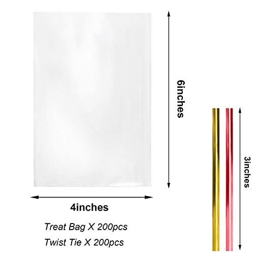 Morepack Cellophane Treat Bags 4x6 In 200 PCS Cookie Bags with Twist Ties - size: 4x6 Inch (Pack of 200)