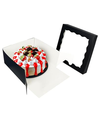 qiqee 12x12x6 Cake Box, 18 Sets Black Cake Box with Window ＆ 18 Sets 12" Cake Round Boards, 12inch Cake Containers, 10 Meters Silk Ribbon - color: Black, size: 18 Sets /12x12x6