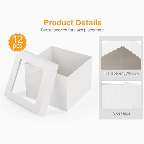 12 Pack Cake Boxes 12 Inch, 12x12x12 Inch Cake Box with Window White Tall Cake Carrier with Lids for Tier Cakes Disposable Containers for Birthday, Party, Halloween, Christmas, Wedding, Business - size: 12*12*12in
