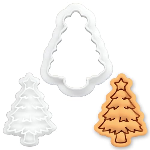 BAKERLOGY Christmas Tree Mini Cookie Cutter & Stamp Set – Festive Tree Biscuit Cutter Embosser for Holiday Cookies, Winter Baking, Cupcake Decoration Tool