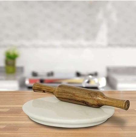 Natural Marble Rolling Board and Wooden Rolling Pin Set, 10 Inch Round Marble Chakla Belan for Roti, Chapati, Pizza Dough, Pastry and Baking, Stone Rolling Surface for Kitchen - size: 10 Inches