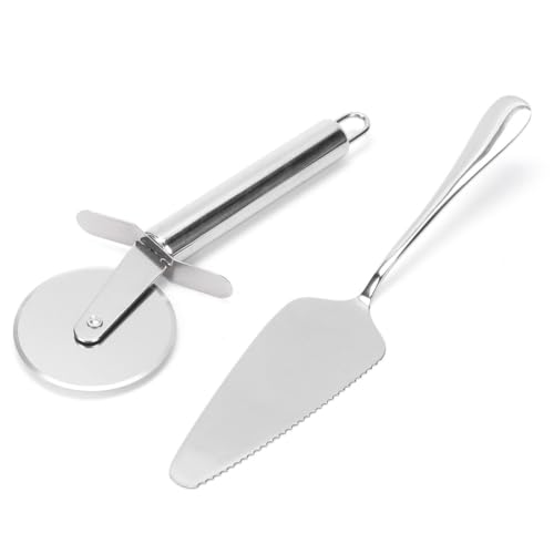 2Pcs Stainless Steel Pizza Cutter Wheel and Serving Spatula Set, Silver Kitchen Baking Pastry Cutting Tools for Pizza