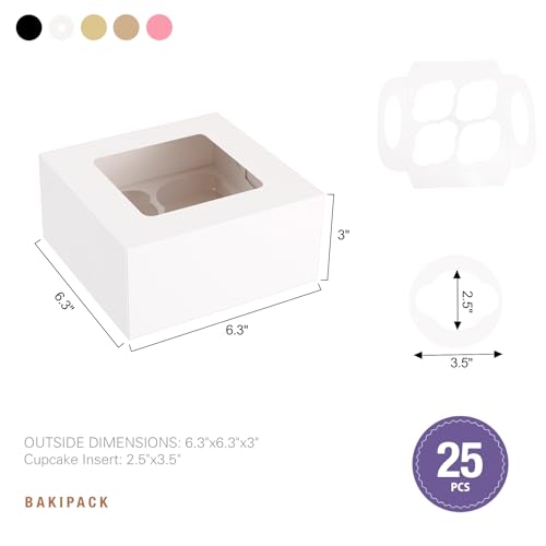 25 White Cupcake Boxes, 4 Count Cupcake Containers with Window and Inserts, 6.3×6.3×3 Inches Cupcake Holders for Cupcakes, Muffins, Cookies, Desserts, Pastries