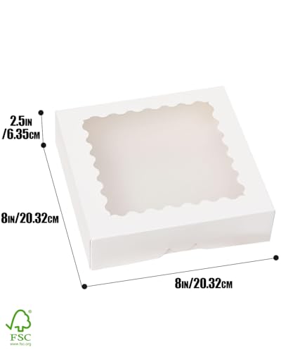 qiqee 8x8x2.5 Inch White Pastry Box With Window Donut Pie Boxes 12pcs Bakery Box (Auto-pop Up) - color: 12Packs, White