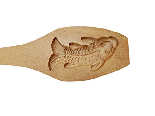 Needzo Traditional Wooden Moon Cake Mold, Gold Fish Shape For Biscuits, Muffins, Mid-Autumn Festival, 9 Inch
