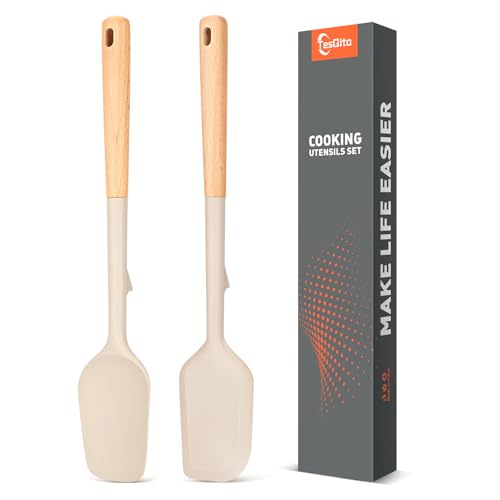 Large Silicone Rubber Spatula Scrapers 14" with Long Wood Handle, 2 Pack - color: Khaki