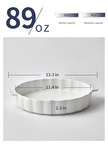 Samsle Ceramic Pie Pan, 13 Inch Round Baking Dish with Handles, White