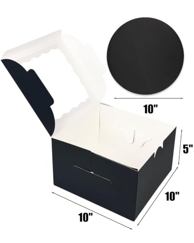 qiqee 10x10x5 Cake Box, 18 Sets Black Cake Box with Window ＆ 18 Sets 10" Black Cake Round Boards, 10inch Cake Containers - color: Black, size: 18 Sets /10x10x5