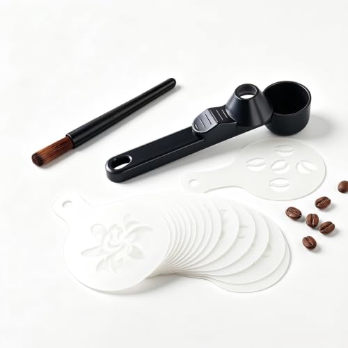 Plastic Coffee Measuring Spoon Set with Funnel, Cleaning Brush & 16 Stencils – Multifunctional Tool for Latte Art, Hot Chocolate, Cake Decorating, and Protein Powder