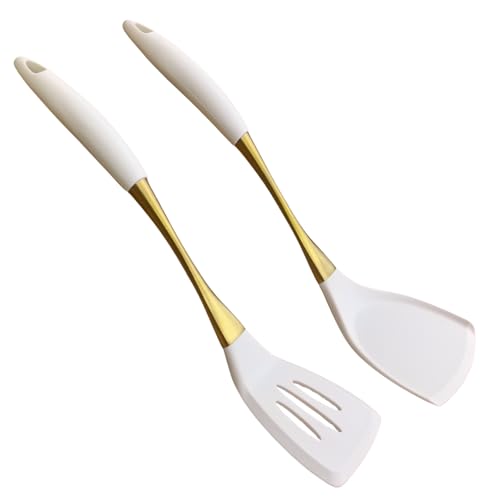 Heat-Resistant Kitchen Spatula Set – Non-Toxic Cooking Utensils with Solid & Slotted Designs –Food Grade Silicone and Gold-Plated Stainless Steel Handles –Ideal for Nonstick Cookware, Gold - color: Golden
