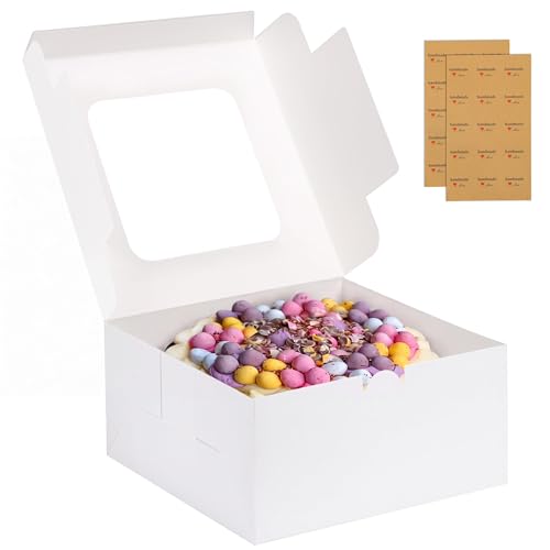 Moretoes 24pcs Cake Boxes, 10x10x5 Inches White Square Bakery Boxes with Window Cajas Pasteles for Cake, Mother's Day, Pastries, Chocolates, Cookies, Pie, Birthday Party, Wedding, Graduation - size: A-24pcs-10*10*5in