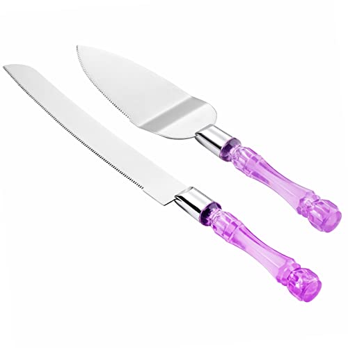 Cake Knife and Server Set, Cake Cutter and Pie Spatula, Cake Server and Knife Set with Acrylic Faux Crystal Handles, Cake Cutting Set for Wedding Cake, Birthdays, and Parties (Purple Silver) - color: Purple Silver